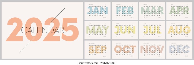 Calendário vetor minimalista mensal 2025 com início de semana domingo, 12 páginas com meses coloridos, grade de planejador de trabalho ou de negócios em design horizontal, versão em inglês