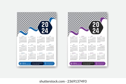 Monthly Modern well calendar design 2024, One page 2025, 2026 yearly Premium calendar for hanging on the wall, KDP calendar design 