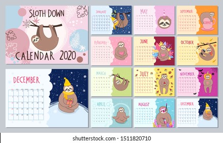 Monthly new year 2020 calendar with cute sloth characters in cartoon style