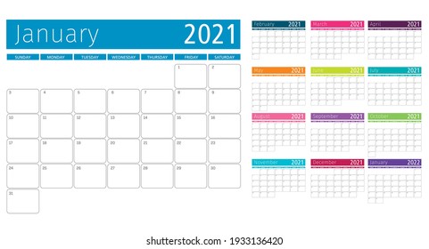 cuadrícula de plantilla de calendario de organización mensual para multicolor 2021