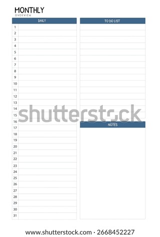 Monthly Overview Planner Template Minimalist and clean layout to organize schedules, goals, priorities, and notes for the entire month.