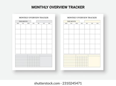 Monthly overview trackers, Undated Monthly Overview, Month on one page Template