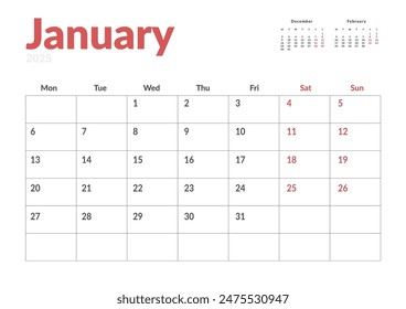 Monthly page Calendar Planner Template of January 2025. Vector layout of calendar with week start Monday for Scheduling. Page for size A4 or 21x29.7 cm