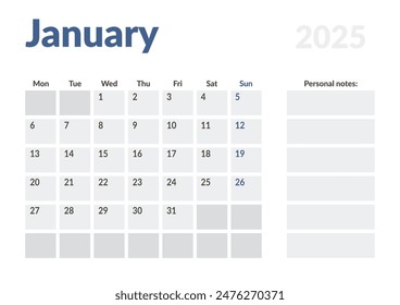 Monthly page Calendar Planner Template of January 2025. Vector layout of calendar with week start Monday for Scheduling. Page for size A4 or 21x29.7 cm
