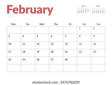 Monthly page Calendar Planner Template of February 2025. Vector layout of calendar with week start Monday for Scheduling. Page for size A4 or 21x29.7 cm