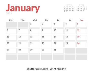 Monthly page Calendar Planner Template of January 2025. Vector layout of calendar with week start Monday for Scheduling. Page for size A4 or 21x29.7 cm