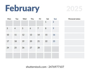 Monthly page Calendar Planner Template of February 2025. Vector layout of calendar with week start Monday for Scheduling. Page for size A4 or 21x29.7 cm