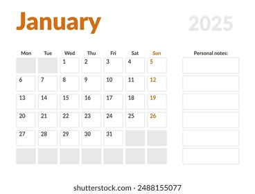 Monthly page Calendar Planner Template of January 2025. Vector layout of calendar with week start Monday for Scheduling. Page for size A4 or 21x29.7 cm