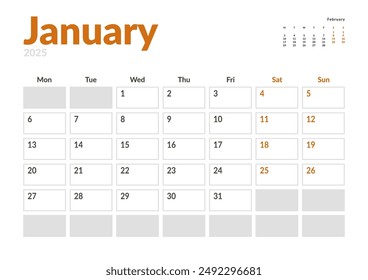 Monthly page Calendar Planner Template of January 2025 with a small preview on next moth. Vector layout of calendar with week start Monday for Scheduling. Page for size A4 or 21x29.7 cm