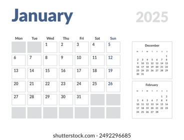 Monthly page Calendar Planner Template of January 2025. Vector layout of calendar with week start Monday for Scheduling. Page for size A4 or 21x29.7 cm