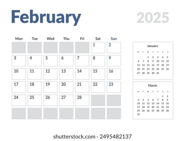 Monthly page Calendar Planner Template of February 2025. Vector layout of calendar with week start Monday for Scheduling. Page for size A4 or 21x29.7 cm