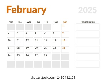 Monthly page Calendar Planner Template of February 2025. Vector layout of calendar with week start Monday for Scheduling. Page for size A4 or 21x29.7 cm