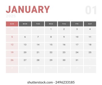 Monthly page Calendar Planner Template of January 2025. Vector layout of calendar with week start Monday for Scheduling. Page for size A4 or 21x29.7 cm