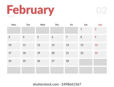 Monthly page Calendar Planner Template of February 2025. Vector layout of calendar with week start Monday for Scheduling. Page for size A4 or 21x29.7 cm