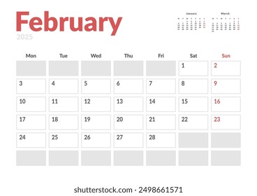 Monthly page Calendar Planner Template of February 2025. Vector layout of calendar with week start Monday for Scheduling. Page for size A4 or 21x29.7 cm