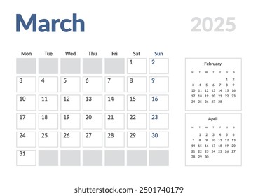 Monthly page Calendar Planner Template of March 2025. Vector layout of calendar with week start Monday for Scheduling. Page for size A4 or 21x29.7 cm