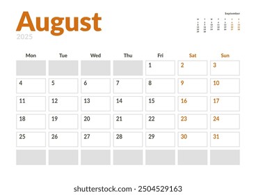 Monthly page Calendar Planner Template of August 2025 with a small preview on next moth. Vector layout of calendar with week start Monday for Scheduling. Page for size A4 or 21x29.7 cm