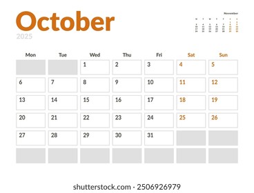 Monthly page Calendar Planner Template of October 2025 with a small preview on next moth. Vector layout of calendar with week start Monday for Scheduling. Page for size A4 or 21x29.7 cm