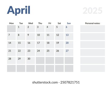 Monthly page Calendar Planner Template of April 2025. Vector layout of calendar with week start Monday for Scheduling. Page for size A4 or 21x29.7 cm