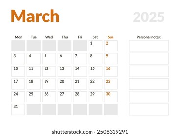 Página mensal Calendar Planner Template de março de 2025. Layout vetorial do calendário com semana inicia na segunda-feira para Agendamento. Página de tamanho A4 ou 21x29,7 cm