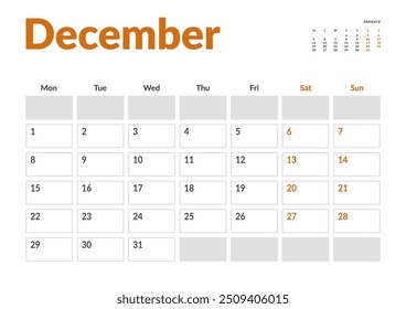Página mensal Calendar Planner Template de dezembro de 2025 com uma pequena visualização no próximo mês. Layout vetorial do calendário com semana inicia na segunda-feira para Agendamento. Página de tamanho A4 ou 21x29,7 cm