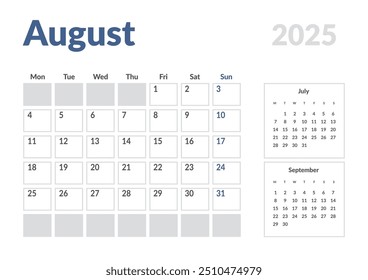 Página mensal Calendar Planner Template de agosto de 2025. Layout vetorial do calendário com semana inicia na segunda-feira para Agendamento. Página de tamanho A4 ou 21x29,7 cm