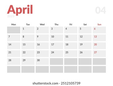 Página mensal Calendar Planner Template de abril de 2025. Layout vetorial do calendário com semana inicia na segunda-feira para Agendamento. Página de tamanho A4 ou 21x29,7 cm