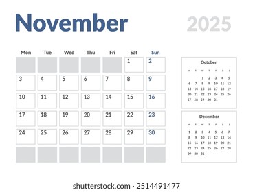 Página mensal Calendar Planner Template de novembro de 2025. Layout vetorial do calendário com semana inicia na segunda-feira para Agendamento. Página de tamanho A4 ou 21x29,7 cm