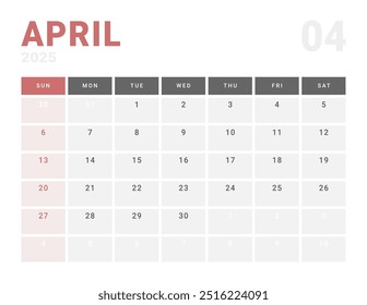 Página mensal Calendar Planner Template de abril de 2025. Layout vetorial do calendário com semana inicia na segunda-feira para Agendamento. Página de tamanho A4 ou 21x29,7 cm