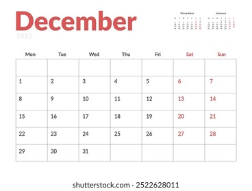 Página mensal Calendar Planner Template de dezembro de 2025. Layout vetorial do calendário com semana inicia na segunda-feira para Agendamento. Página de tamanho A4 ou 21x29,7 cm