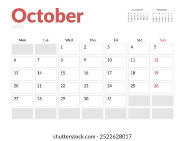 Página mensal Calendar Planner Template de outubro de 2025. Layout vetorial do calendário com semana inicia na segunda-feira para Agendamento. Página de tamanho A4 ou 21x29,7 cm