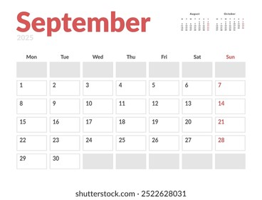 Página mensal Calendar Planner Template de setembro de 2025. Layout vetorial do calendário com semana inicia na segunda-feira para Agendamento. Página de tamanho A4 ou 21x29,7 cm