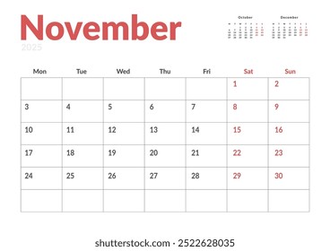 Página mensal Calendar Planner Template de novembro de 2025. Layout vetorial do calendário com semana inicia na segunda-feira para Agendamento. Página de tamanho A4 ou 21x29,7 cm