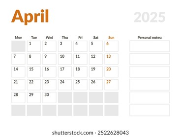 Página mensal Calendar Planner Template de abril de 2025. Layout vetorial do calendário com semana inicia na segunda-feira para Agendamento. Página de tamanho A4 ou 21x29,7 cm