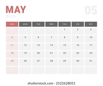 Página mensal Calendar Planner Template de maio de 2025. Layout vetorial do calendário com semana inicia na segunda-feira para Agendamento. Página de tamanho A4 ou 21x29,7 cm