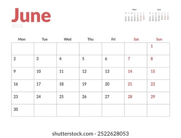 Página mensal Calendar Planner Template de junho de 2025. Layout vetorial do calendário com semana inicia na segunda-feira para Agendamento. Página de tamanho A4 ou 21x29,7 cm