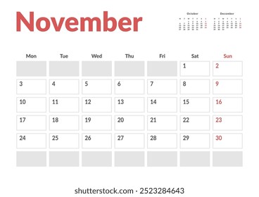 Página mensal Calendar Planner Template de novembro de 2025. Layout vetorial do calendário com semana inicia na segunda-feira para Agendamento. Página de tamanho A4 ou 21x29,7 cm