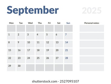 Monthly page Calendar Planner Template of September 2025. Vector layout of calendar with week start Monday for Scheduling. Page for size A4 or 21x29.7 cm