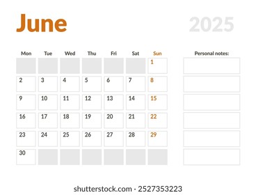 Página mensal Calendar Planner Template de junho de 2025. Layout vetorial do calendário com semana inicia na segunda-feira para Agendamento. Página de tamanho A4 ou 21x29,7 cm