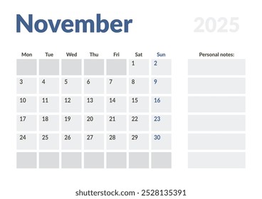 Página mensal Calendar Planner Template de novembro de 2025. Layout vetorial do calendário com semana inicia na segunda-feira para Agendamento. Página de tamanho A4 ou 21x29,7 cm