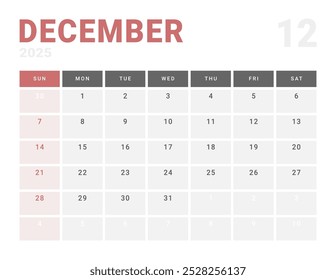 Página mensal Calendar Planner Template de dezembro de 2025. Layout vetorial do calendário com semana inicia na segunda-feira para Agendamento. Página de tamanho A4 ou 21x29,7 cm