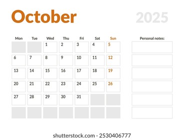 Página mensal Calendar Planner Template de outubro de 2025. Layout vetorial do calendário com semana inicia na segunda-feira para Agendamento. Página de tamanho A4 ou 21x29,7 cm