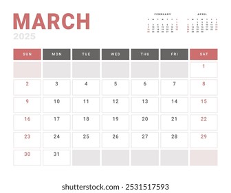 Monthly page Calendar Planner Template of March 2025. Vector layout of calendar with week start Monday for Scheduling. Page for size A4 or 21x29.7 cm