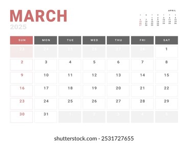 Página mensal Calendar Planner Template de março de 2025. Layout vetorial do calendário com semana inicia na segunda-feira para Agendamento. Página de tamanho A4 ou 21x29,7 cm