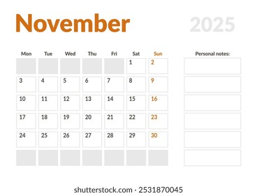 Página mensal Calendar Planner Template de novembro de 2025. Layout vetorial do calendário com semana inicia na segunda-feira para Agendamento. Página de tamanho A4 ou 21x29,7 cm