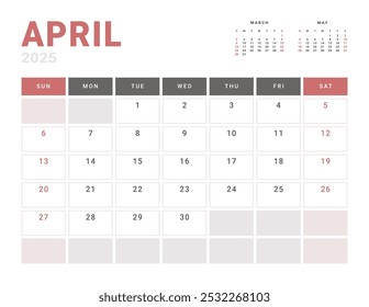 Página mensal Calendar Planner Template de abril de 2025. Layout vetorial do calendário com semana inicia na segunda-feira para Agendamento. Página de tamanho A4 ou 21x29,7 cm