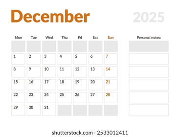 Página mensal Calendar Planner Template de dezembro de 2025. Layout vetorial do calendário com semana inicia na segunda-feira para Agendamento. Página de tamanho A4 ou 21x29,7 cm