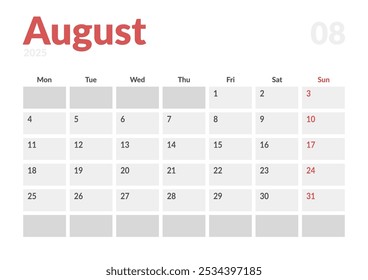 Página mensal Calendar Planner Template de agosto de 2025. Layout vetorial do calendário com semana inicia na segunda-feira para Agendamento. Página de tamanho A4 ou 21x29,7 cm