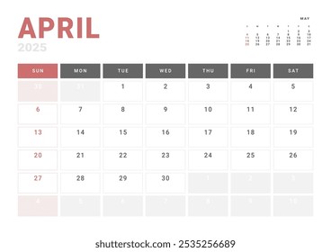 Página mensal Calendar Planner Template de abril de 2025. Layout vetorial do calendário com semana inicia na segunda-feira para Agendamento. Página de tamanho A4 ou 21x29,7 cm