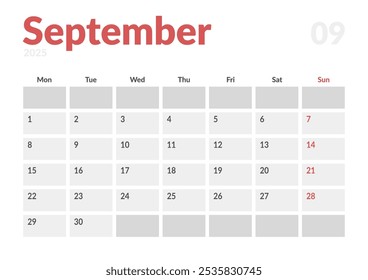 Página mensal Calendar Planner Template de setembro de 2025. Layout vetorial do calendário com semana inicia na segunda-feira para Agendamento. Página de tamanho A4 ou 21x29,7 cm